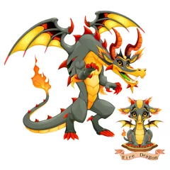 Deurstickers Dragon of Fire Element, puppy en volwassen © ddraw