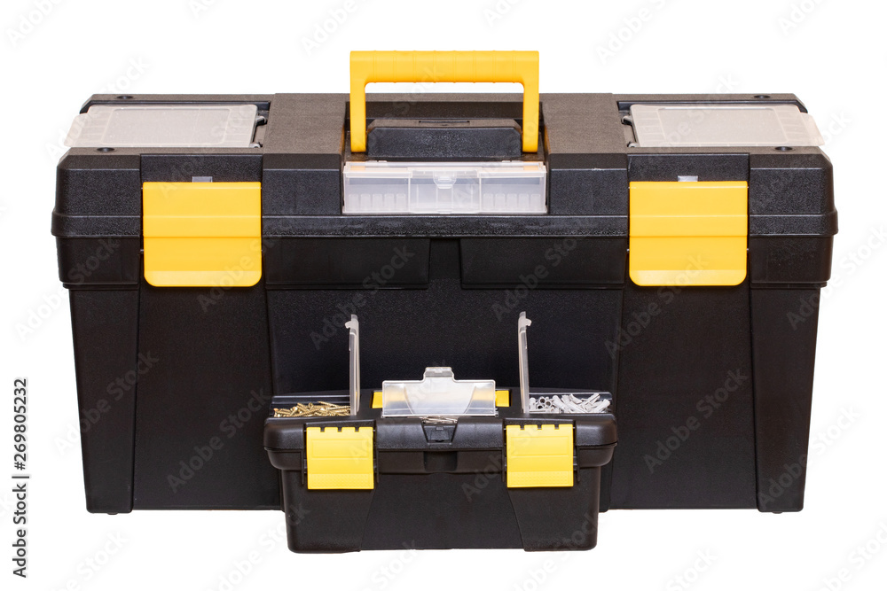 Wall mural tool boxes isolated. a big black plastic tool kit box with yellow handle and clasp and a little blac