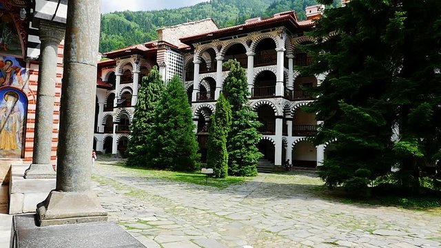 The exterior of Rila Monastery - the largest and most famous Eastern Orthodox monastery in Bulgaria