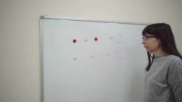 Female teacher stands at whiteboard and explains rules of addition in elementary school. Caucasian schoolmaster in glasses makes mathematical examples using colored magnets and marker.