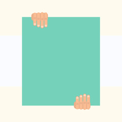 Two hands holding big blank rectangle up down Geometrical background design