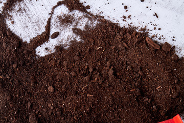 Dark soil on white background. Spilled potting soil on the floor. Ground surface close up. Cleaning concept.