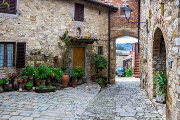 Fototapeta na wymiar streets and buildings in Montefioralle old village in Tuscany