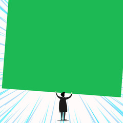 Obraz premium Back view standing short hair woman dress hands up holding blank rectangle