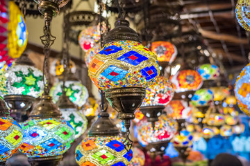 Variety of colorful turkey glass lamps for sale in Cappadocia, Turkey.