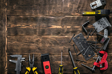 Construction or carpentry flat lay background with copy space. Under construction concept.