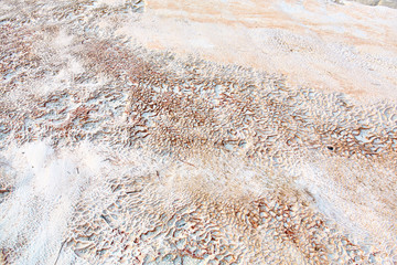 White limestones in Pamukkale. Calcium deposits from thermal springs. The texture of the stone.