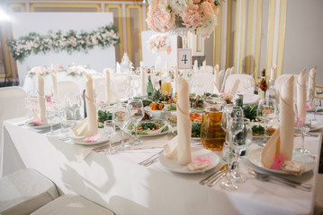 Festive wedding table setting.Table decoration on the wedding day