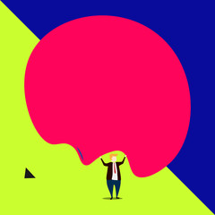 Front view standing man dressed suit tie two hands up big deflated balloon