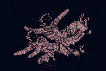 The Ramakien (Ramayana) mural paintings color black and pink illustration along the galleries wallpaper and art background