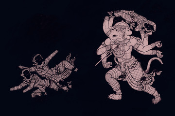 The Ramakien (Ramayana) mural paintings color black and pink illustration along the galleries wallpaper and art background