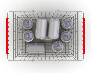 Aluminum cans lies in the grocery basket. Isolated on white surface. 3D Illustration