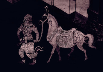 The Ramakien (Ramayana) mural paintings color black and pink illustration along the galleries wallpaper and art background