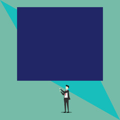 Obraz premium Isolated view young man standing pointing upwards two hands big rectangle