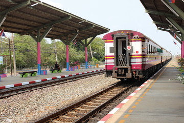 Obraz premium Saraburi Province, Thailand - February 15, 2019: Take a train to travel to Wat Phra Phutthabat. The temple has a footprint of Buddha.