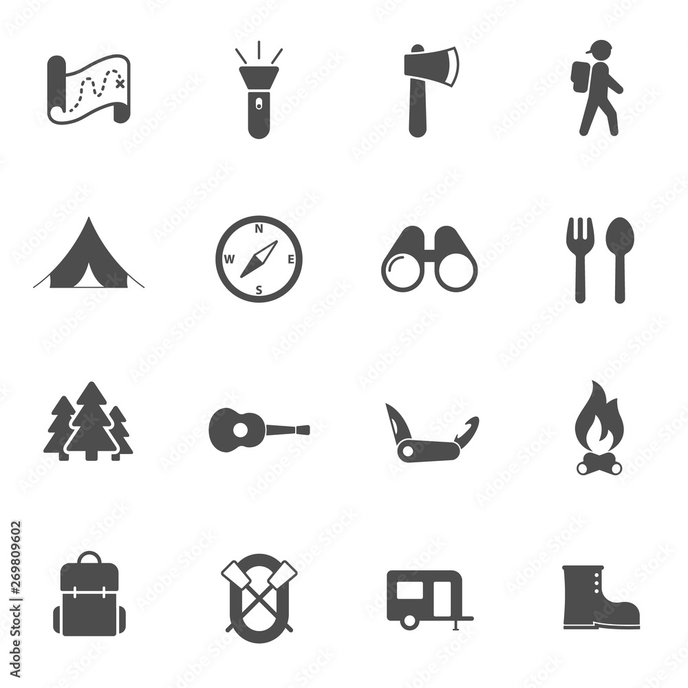 Poster summer camping vector icons set isolated on white background. summer camping recreation concept. cam