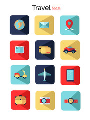 Set with travel flat icons. There are planet, car, plane, watch, credit card, moped, stamp, letter, suitcase, camera.