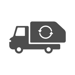 garbage truck silhouette vector icon isolated on white background. black icon of garbage truck with recycle arrows sign