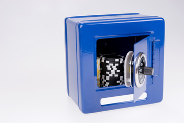 Blue steel safe with poker chips inside