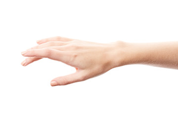 Female hand isolated on white background. White woman's hand showing symbols and gestures. Palm