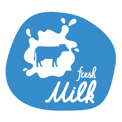 Cow animal. Fresh Milk label,Shape hand drawn lettering.Logo splash.Vector illustration in cartoon flat.