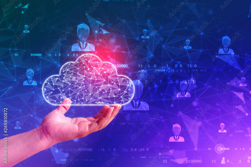 Poster cloud computing concept, cloud computing connectivity concept , businessman hand holding cloud compu