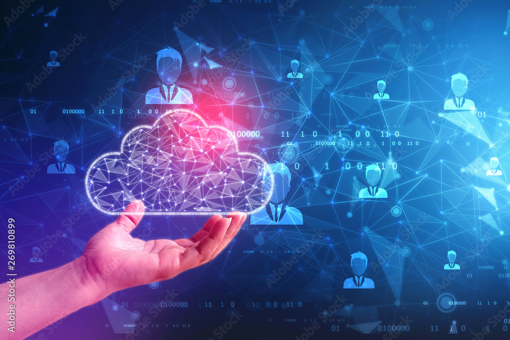 Poster cloud computing concept, cloud computing connectivity concept , businessman hand holding cloud compu