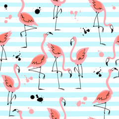 Seamless pattern with flamingos on striped background. Summer motifs. Vector.