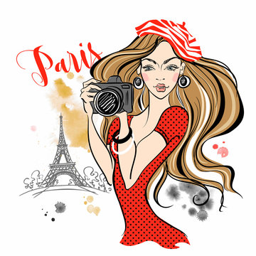 Girl tourist with a camera taking pictures of attractions in Paris.Travel. Eiffel tower. Vector