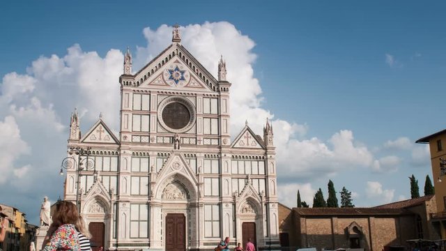 Time-lapse of Basilica of the Holy Cross (Basilica di Santa Croce) with people in the square. Florence, Italy. Time-lapse 4K UHD Video. 