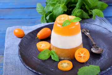 Layered dessert with fruits and yogurt on the black plate surrounded by kumquats and mint