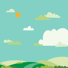 Obraz na płótnie Canvas Blue sky sun and green field.Nature landscape on summer.Vector illustration.Green hills with sky and clouds background