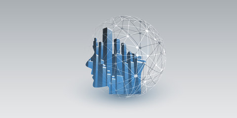 Smart City, Automated Digital Control, Deep Learning, Artificial Intelligence and Future Technology Concept Design with Network Connections, Cityscape and Human Head - Vector Illustration 