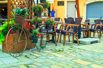 Mediterranean street cafe bar in Rovinj city center, Croatia, Europe