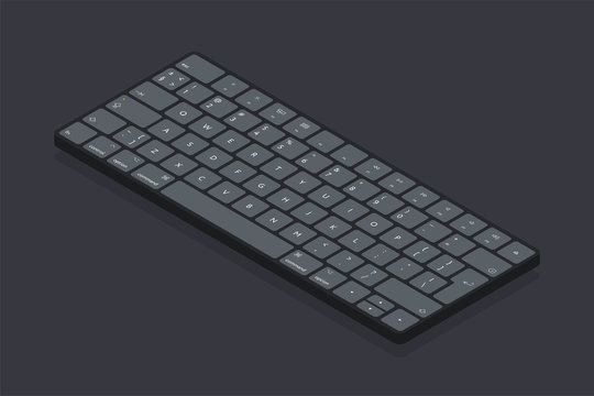 Isometric Modern Computer Desktop Laptop Keyboard Keypad. Dark Buttons Keys.