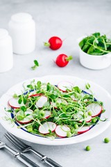 Fresh green pea shoots salad with radishes.