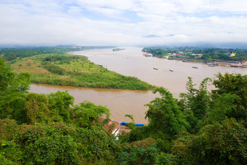 Cloudy morning with fog in the Golden Triangle. Chiang Saen, Thailand