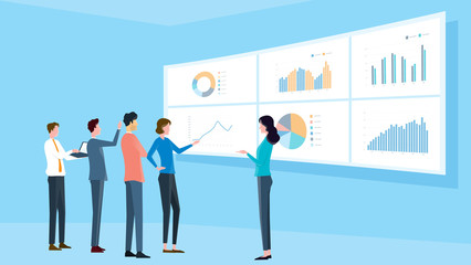 flat illustrations business analytic team meeting and  finance project training concept
