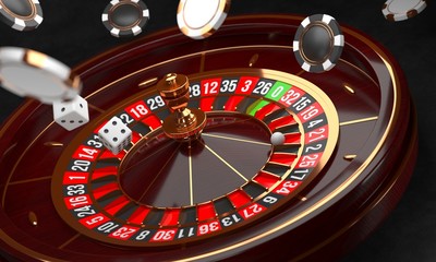 Casino background. Luxury Casino roulette wheel on black background. Casino theme. Close-up wooden casino roulette with a ball, chips and dice. Poker game table. 3d rendering illustration.