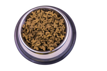 Dry cat food in a bowl. Pet food isolated on white background