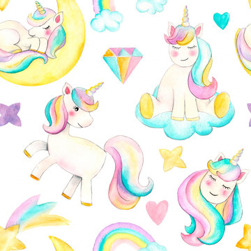 Seamless pattern with unicorns. Beautiful watercolor unicorn illustration. Magic trendy cartoon horse perfect for nursery print and poster design.