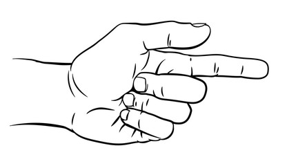 A hand pointing a finger in a direction sign. In a vintage antique engraving woodblock or woodcut style.