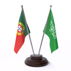 Portugal and Saudi Arabia, two table flags isolated on white background. 3d image