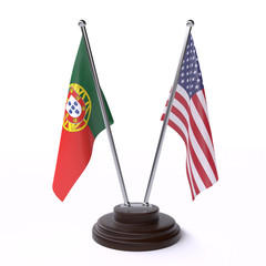 Portugal and USA, two table flags isolated on white background. 3d image
