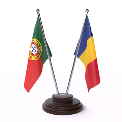 Portugal and Romania, two table flags isolated on white background. 3d image