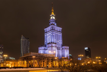 Fototapeta na wymiar Palace of Culture and skyscrapers in Warsaw at night