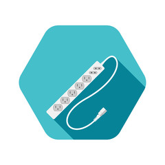 Hexagon icon of modern electric extension cord for UPS with different sockets and shadow on the turquoise background.