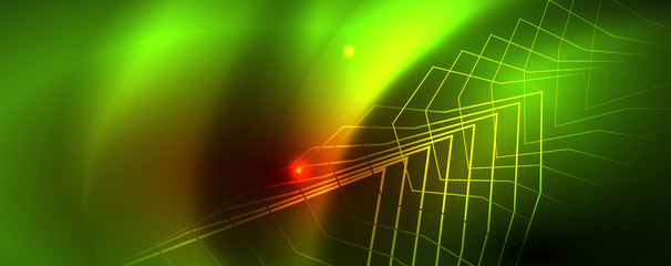 Neon glowing techno lines, hi-tech futuristic abstract background template, vector