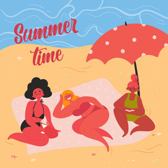 Summer time. Sexy girls in bikini sunbathing near the sea with beach umbrella at tropical country in summer season. Three woman lying on beach, tanning in the sun, drinking cocktails and reading books