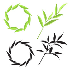 Set  silhouettes of tree branch with leaves , twig and circle frame, green and black color isolated on white background